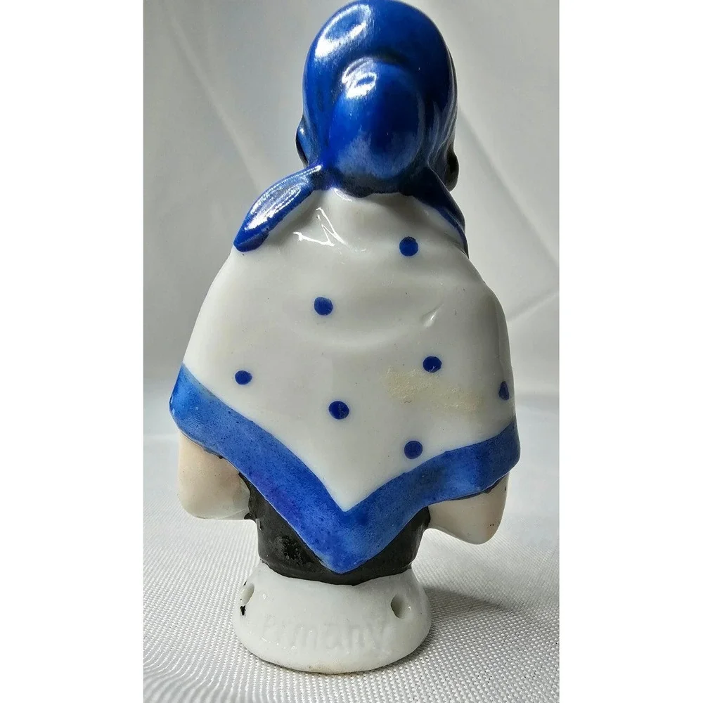 German Art Deco Porcelain Pin Cushion Half Doll, Blue Polka Dot Shawl Head Scarf